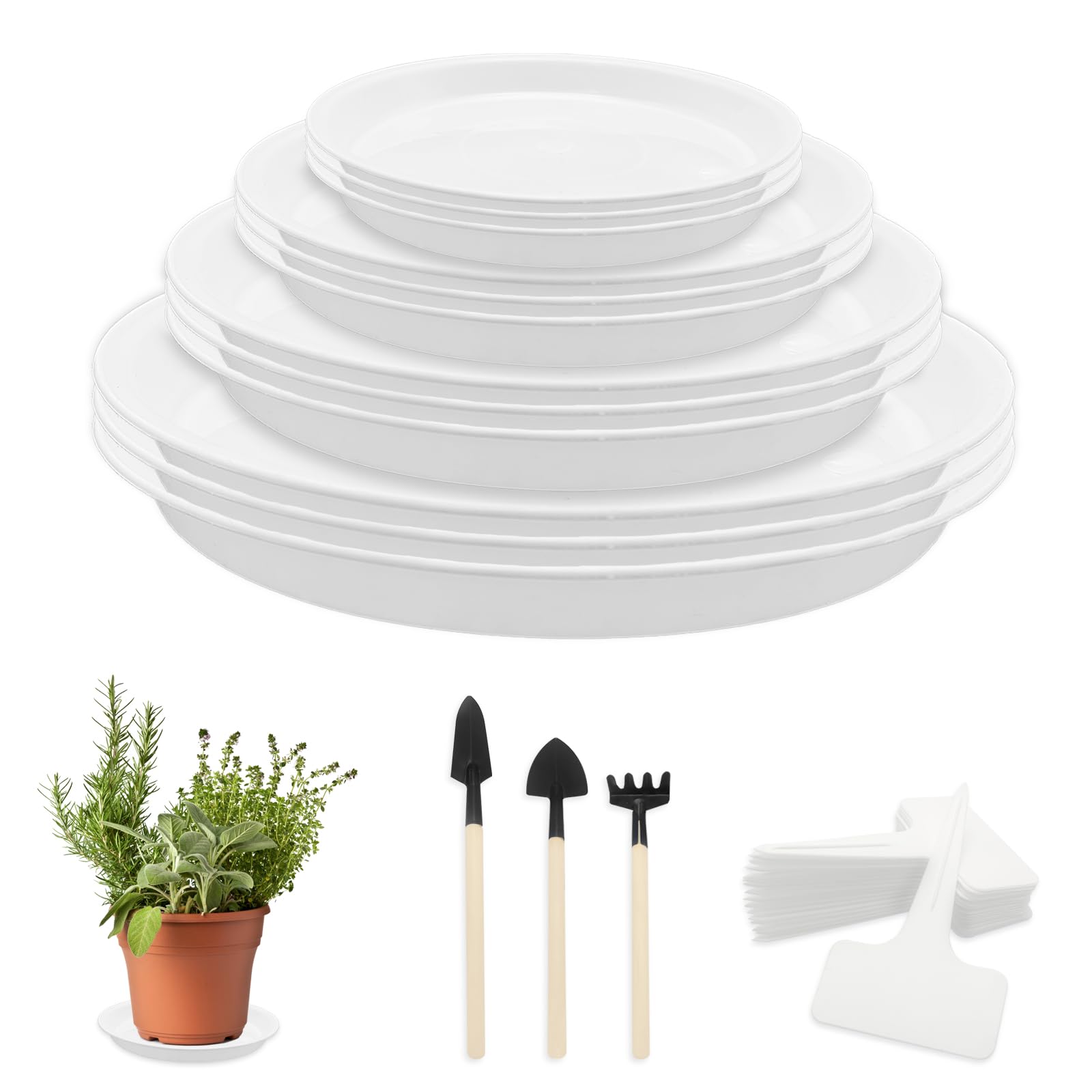 TRUEIN Lot De 12 Soucoupes Pour Pots De Fleurs + 20 Étiquettes + 3 Outils Jardinage – Tailles 12.5 à 22.5 Cm, Blanc, Intérieur & Extérieur