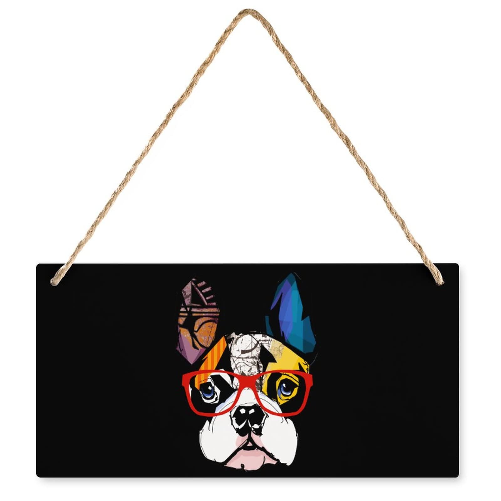 Portrait Bouledogue français en bois, plaque murale avec cordes de 25x12.5cm