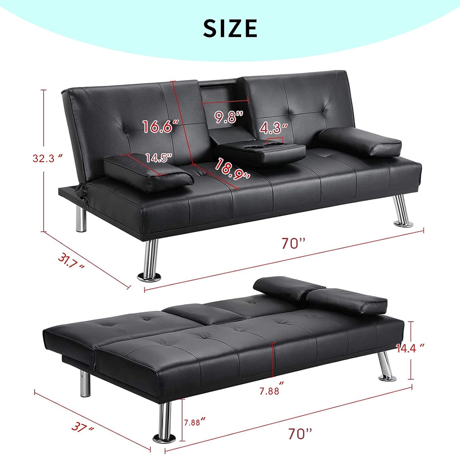 AINN 70 Futon Sofa Couch Bed, Faux Leather PU Folding Sleeper Sofa Bed Love Seat for 2 People, Mini Couch Sofa, Twin Futon Loveseat with Cup Holders for Bedroom, Black, Small-101