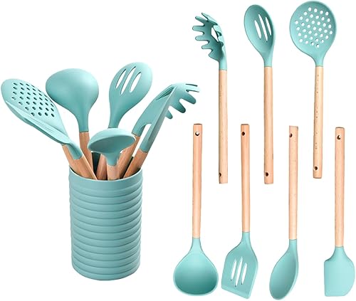 Juego de utensilios de cocina de silicona, juego de 8 utensilios de cocina con mango de madera, juego de utensilios de silicona antiadherentes con