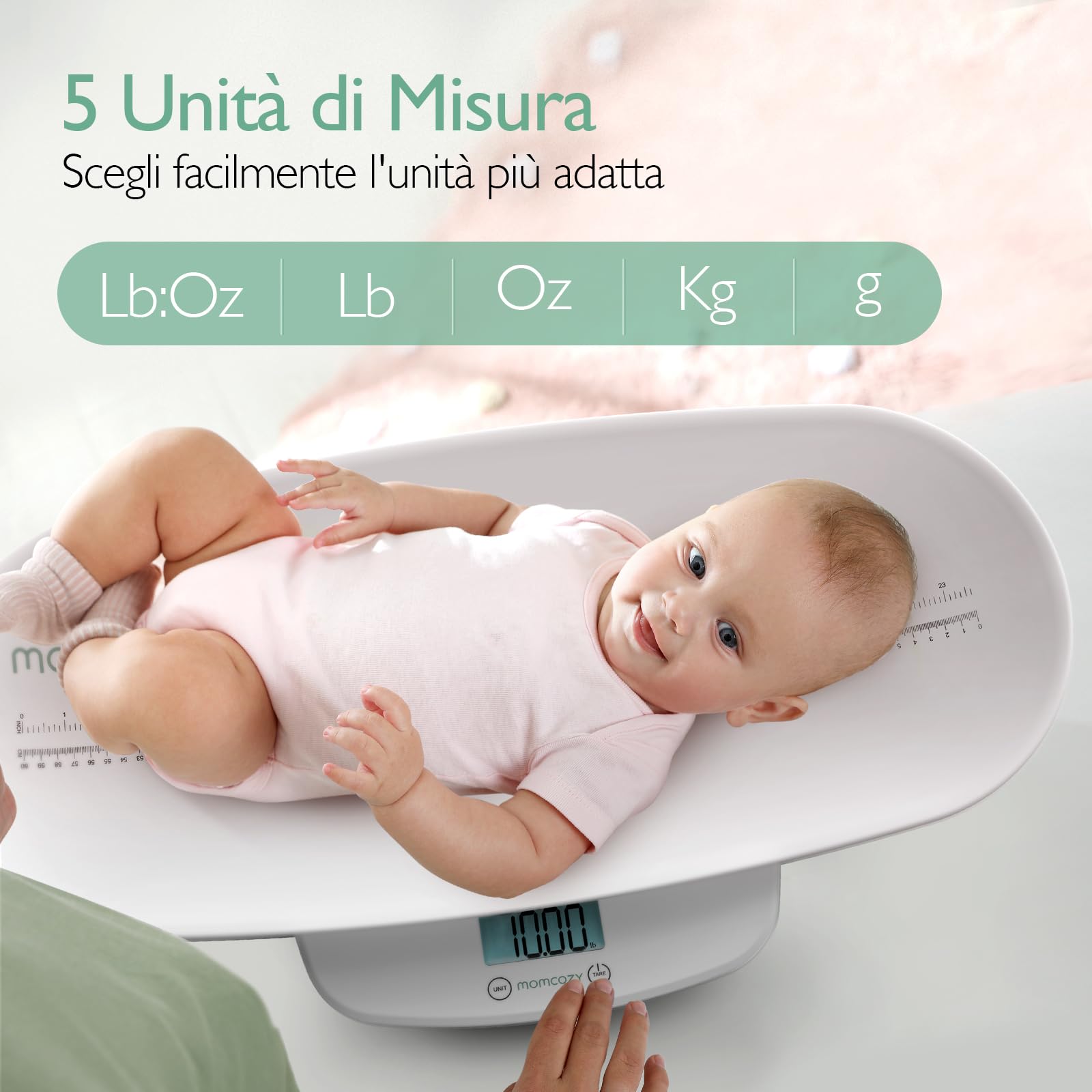 Momcozy Bilancia Neonato Digitale, Adulti e Animali Domestici, Memoria | Vassoio ergonomico rimovibile, Peso/Altezza, precisione 5 g fino a 20 kg, funzione tara, 5 unità e display LED orientabile