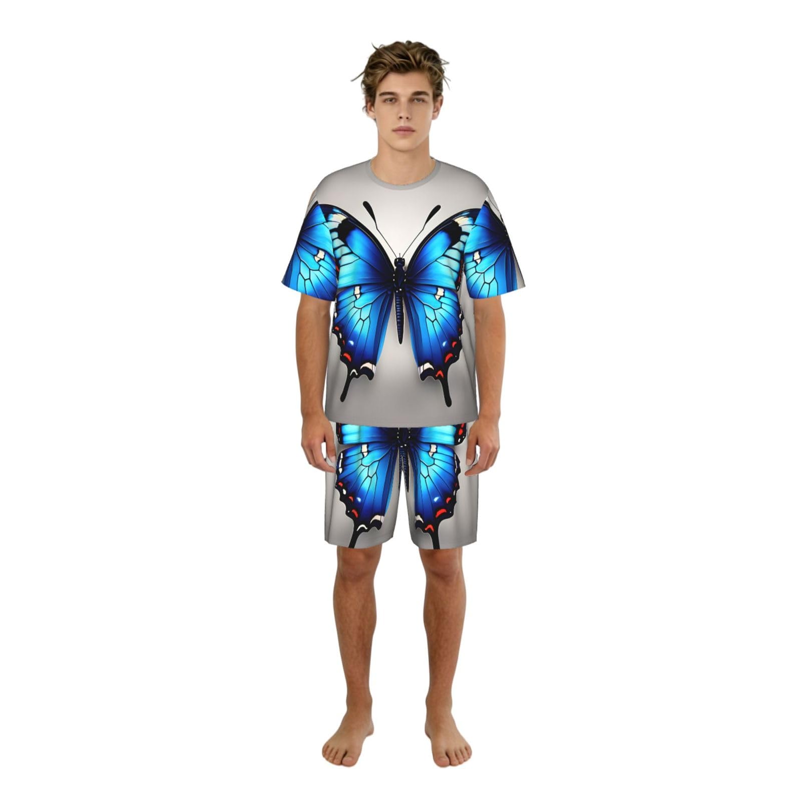 Conjunto de pijama clásico con estampado de mariposa azul para hombre, pantalones cortos de pijama suaves para hombre, perfecto para las noches de verano