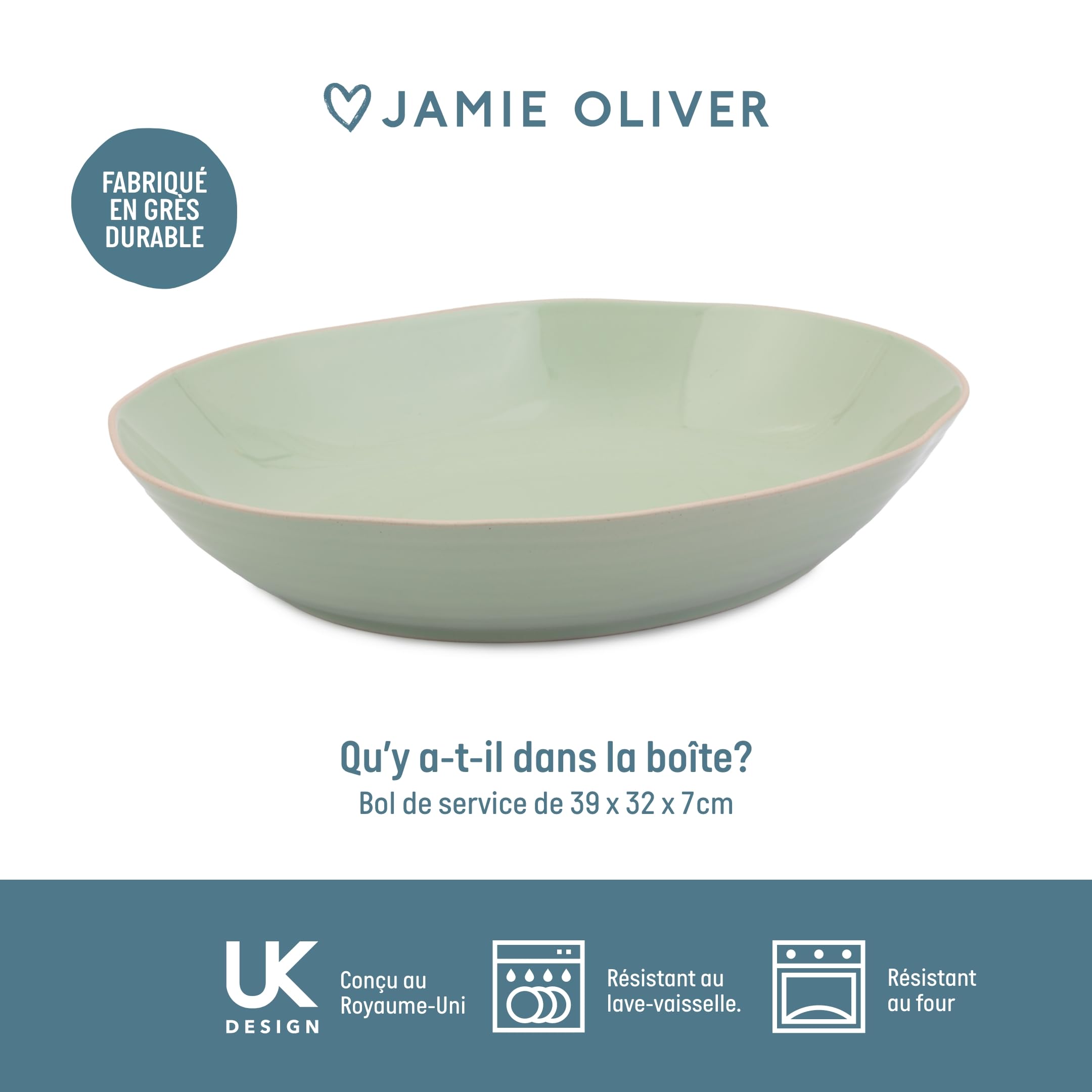 Jamie Oliver Big Love Bol Rustique, Vert, Forme Organique, Grès Moucheté, Bol Profond pour Currys et Salades, Compatible Lave-vaisselle, Micro-ondes et Four, 39x32 cm