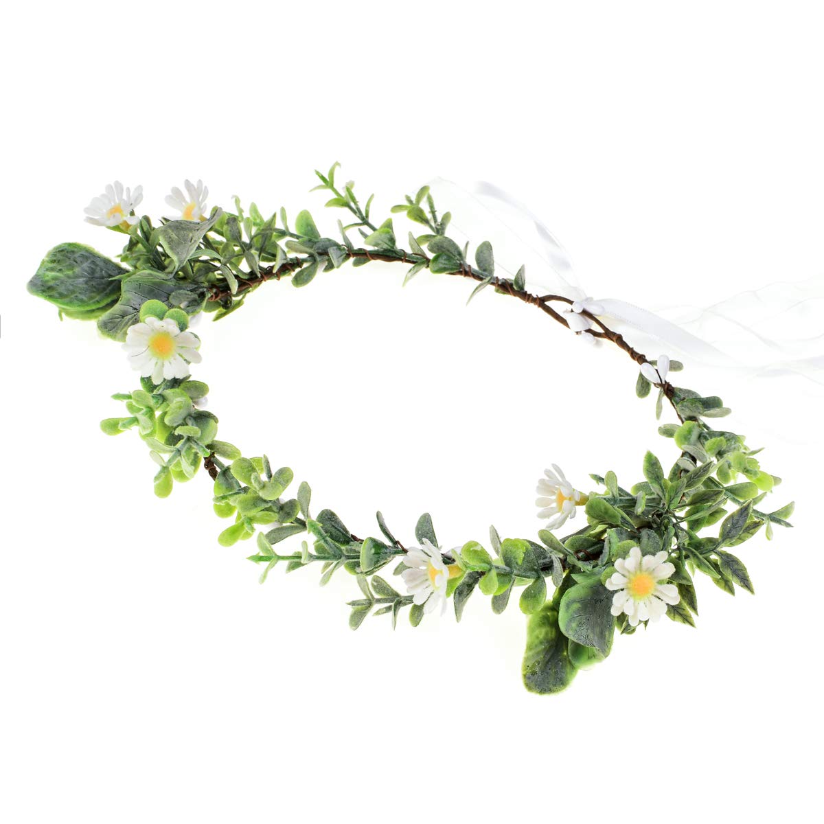 June Bloomy Greenery Leaf Crown Rustic Wedding Headpiece Bridal Headband Photo Prop (Daisy White)