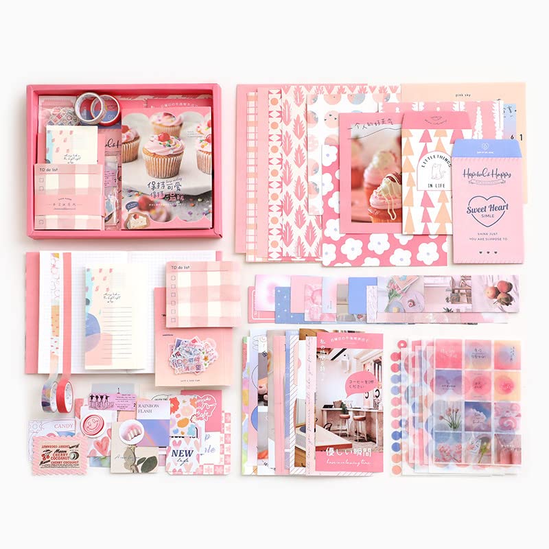 DME SALES Paper Vintage Aesthetic Scrapbook Kit(346Pcs) Scrapbooking Supplies Kit with Bullet Junk Journal,Stationery,A6 Grid Notebook Journaling Gift for Girl (Pink Scrapbook) 3
