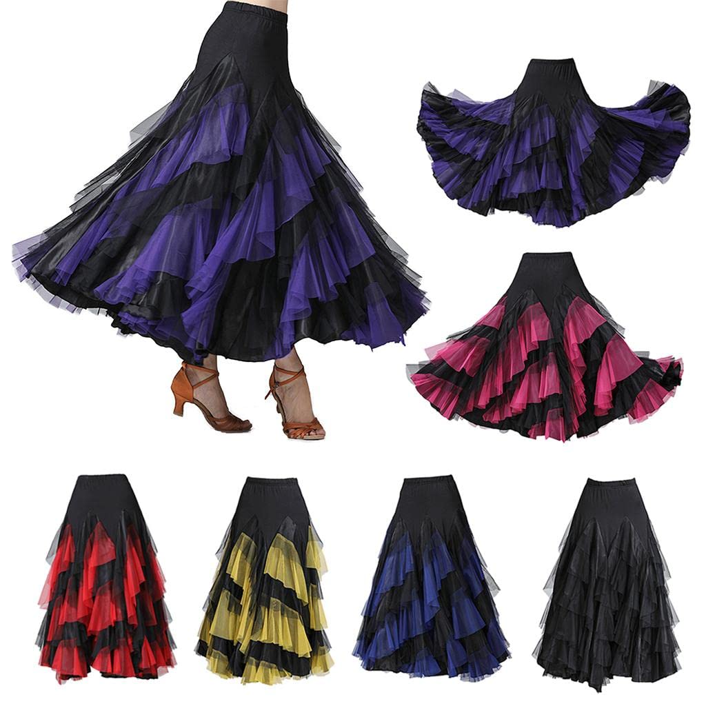 Oshhni Latein Tanzkleid Damen Tanzkostüm Mesh Patchwork Mehrlagiger Tüllrock Cha Cha Kleid Flamenco Skirt Milchseide Bund für Tanzkurs