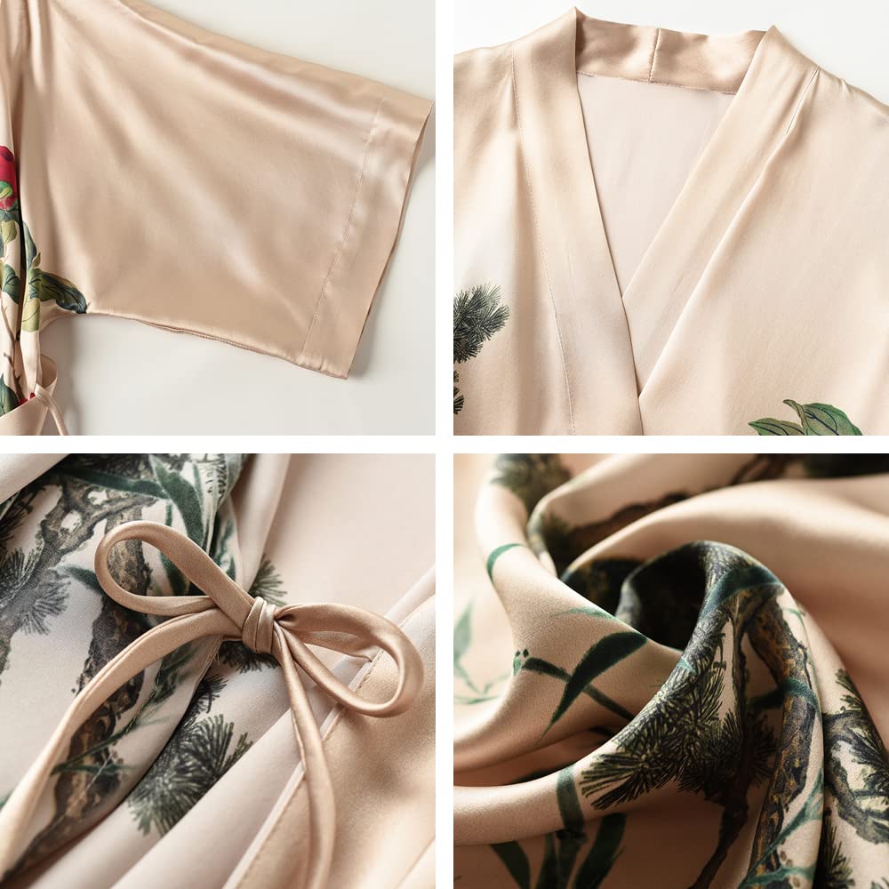 Damen 100% Seide Kimono Robe Lang Bademantel Nachthemd