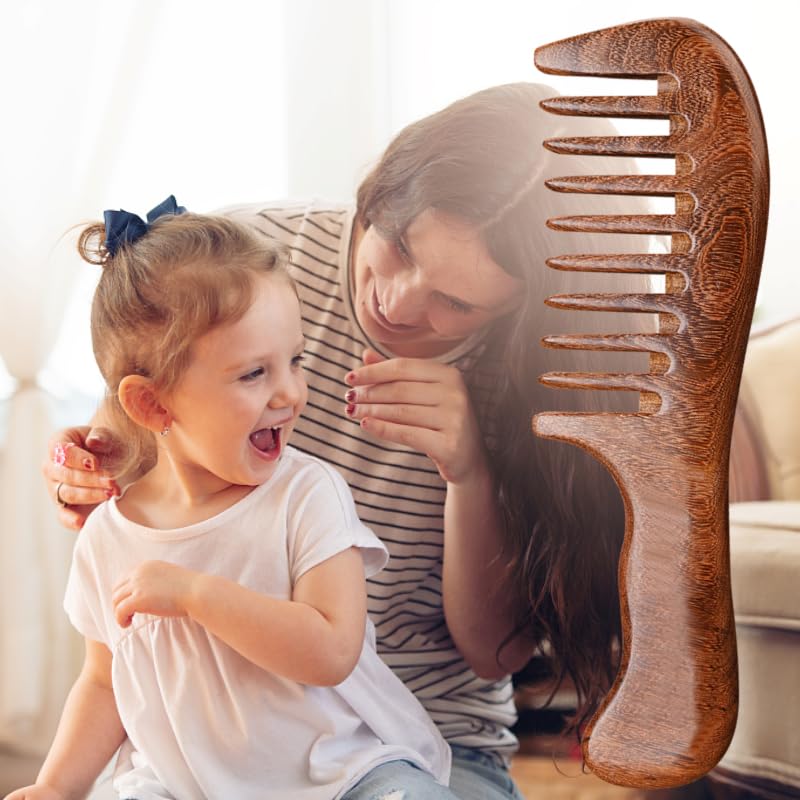 MINGZE Wood comb, Natural Anti-static Sandalwood Wooden Hair Comb, Double-sided carved sandalwood comb (Handle Wide Toothed Comb) - Image 3