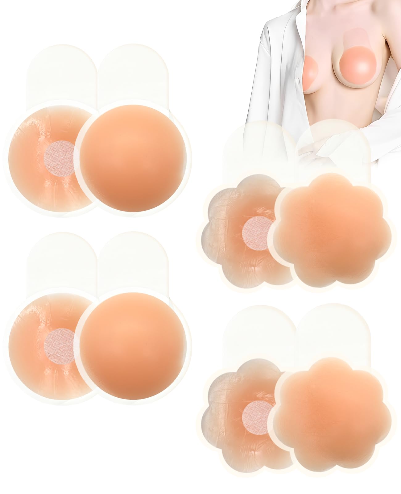 FunnAura 4 Pairs Silicone Nipple Covers, Reusable Invisible Strapless Self Adhesive Nip Covers with Lift for Women Party Backless Clothes
