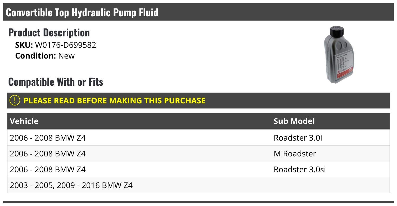 Marketplace Auto Parts Convertible Top Hydraulic Pump Fluid - Compatible with 2003-2016 BMW Z4