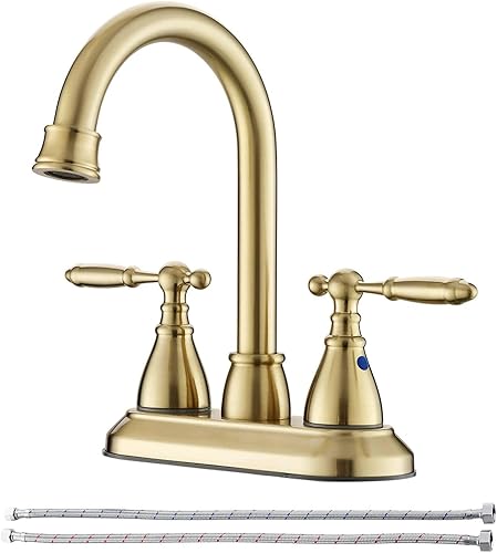 Grifo de lavabo de baño de oro cepillado, grifo de baño central de 4 pulgadas de dos asas, grifo de baño dorado giratorio vintage de 360 con líneas