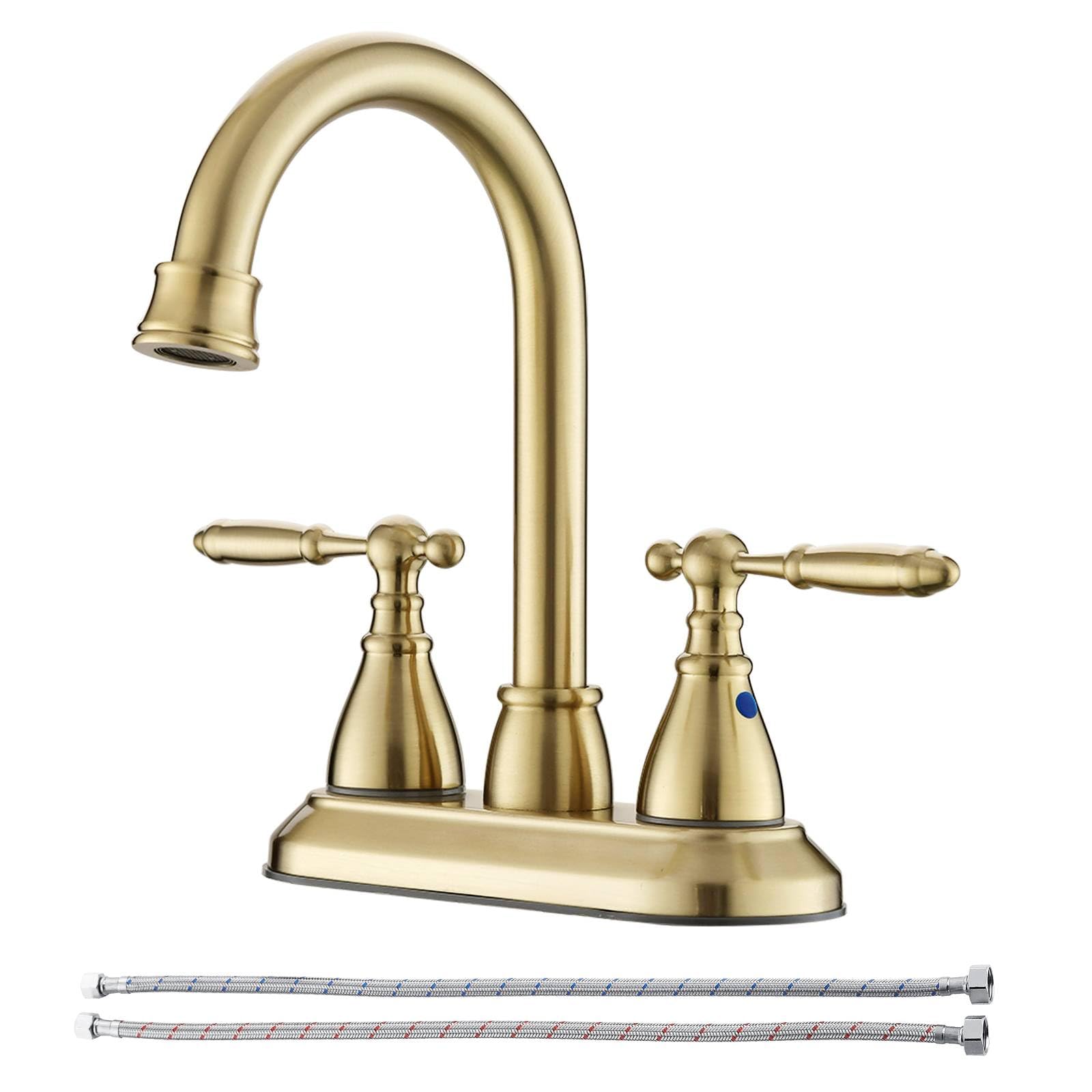 Brushed Gold Bathroom Sink Faucet, 4 Inch Centerset Bathroom Faucet Two Handle, Vintage 360° Swivel Gold Bathroom Faucet with UPC Certified Supply Lines, 2-3 Hole RV Vanity Sink Faucet