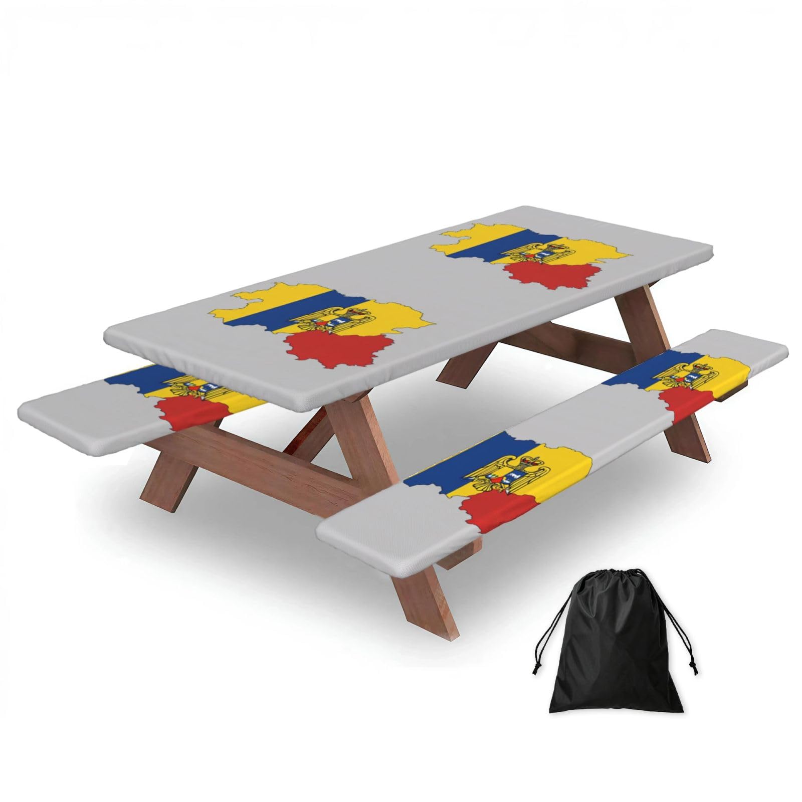 Duwaa Black Romania Flag Map01 Print 183Cm Picnic Table Cover With Bench Covers, Waterproof Elastic Tablecloth Set For Outdoor