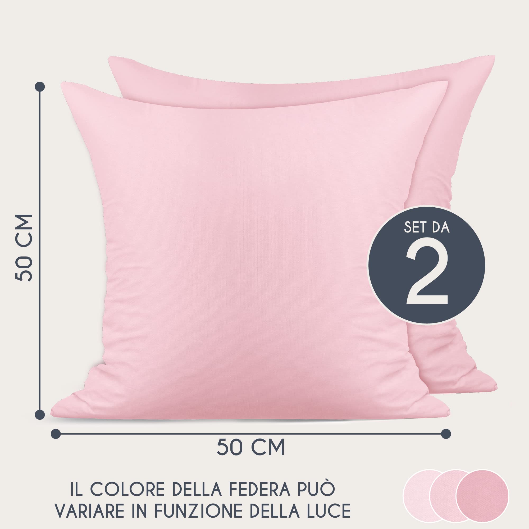 Dreamzie Federe 50x50 Cotone Rinforzato (Set da 2) - Rosa - Trama Fitta a 57 Fili/cm² - Federe Cuscini 50x50 cm - Federe Cuscino 50x50 Certificate Oeko Tex