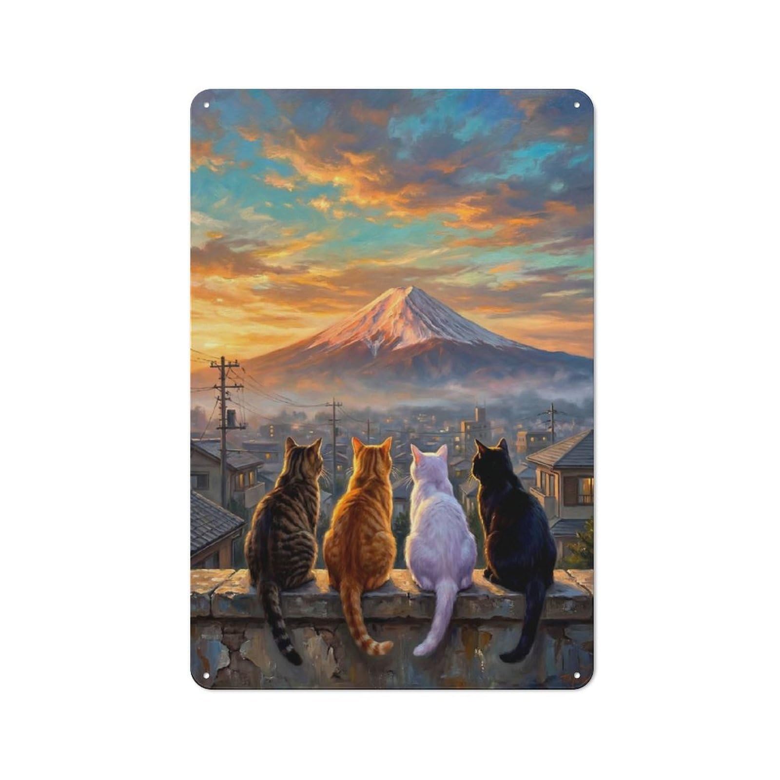 Junmoney Style-23 Team Cat Looking Sunset Mount Fuji Tin Wall Plaque 30X20cm, Barn Style Rustic Kitchen Decor For Farmhouse Kitchen, Pantry Or Dining Area