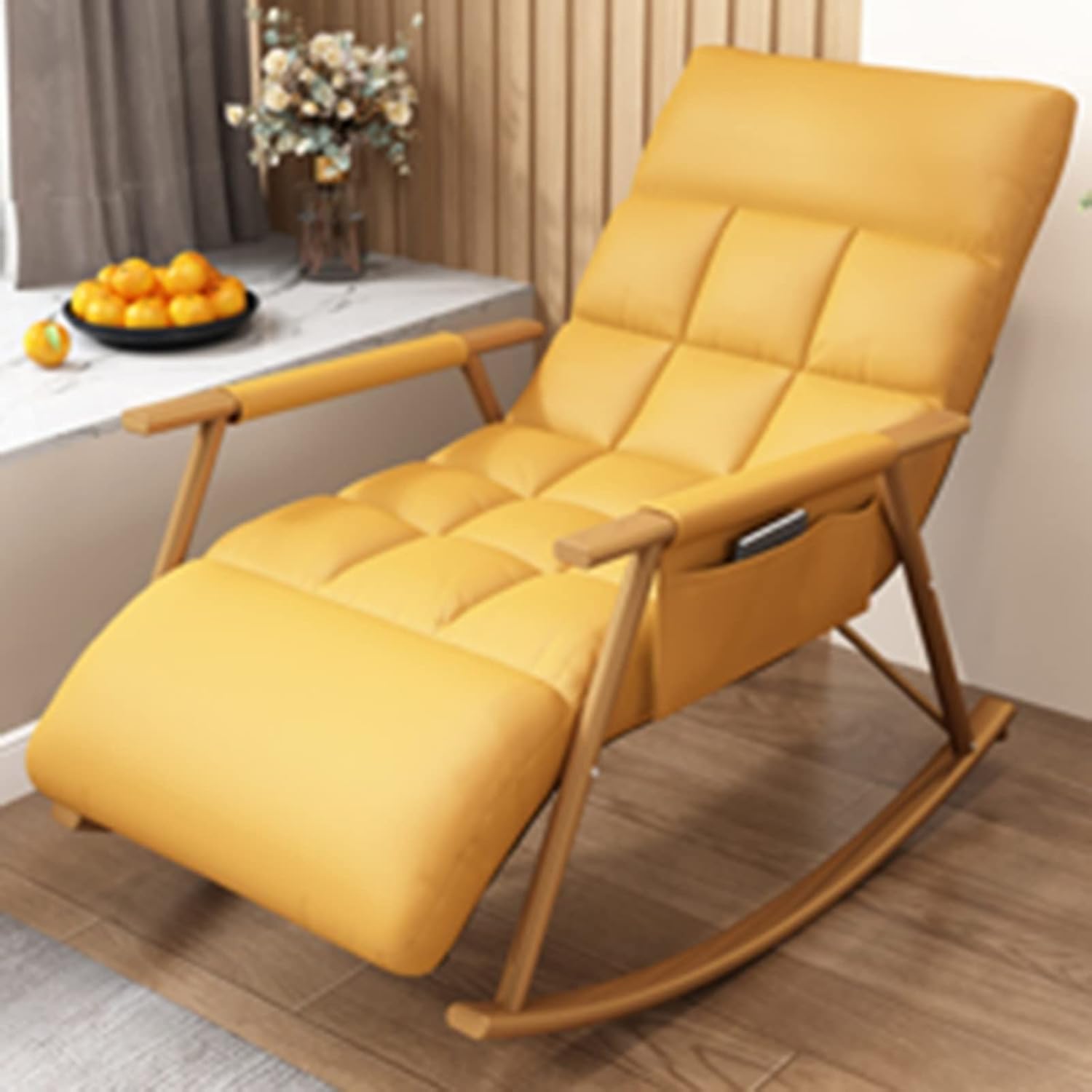 LJHU Mecedora Tumbonas Informales de Mediados de Siglo, Suave Reclinable Ergonómicamente Transpirable, Balancín de Madera Resistente para Dormitorio Salón Jardín (Color : Yellow)