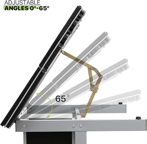 Miniatura 7 de Magshion Mesa de dibujo ajustable con tapa de vidrio inclinable de 65 - Escritorio de arte portátil con 2 cajones de almacenamiento, 4 bandejas de