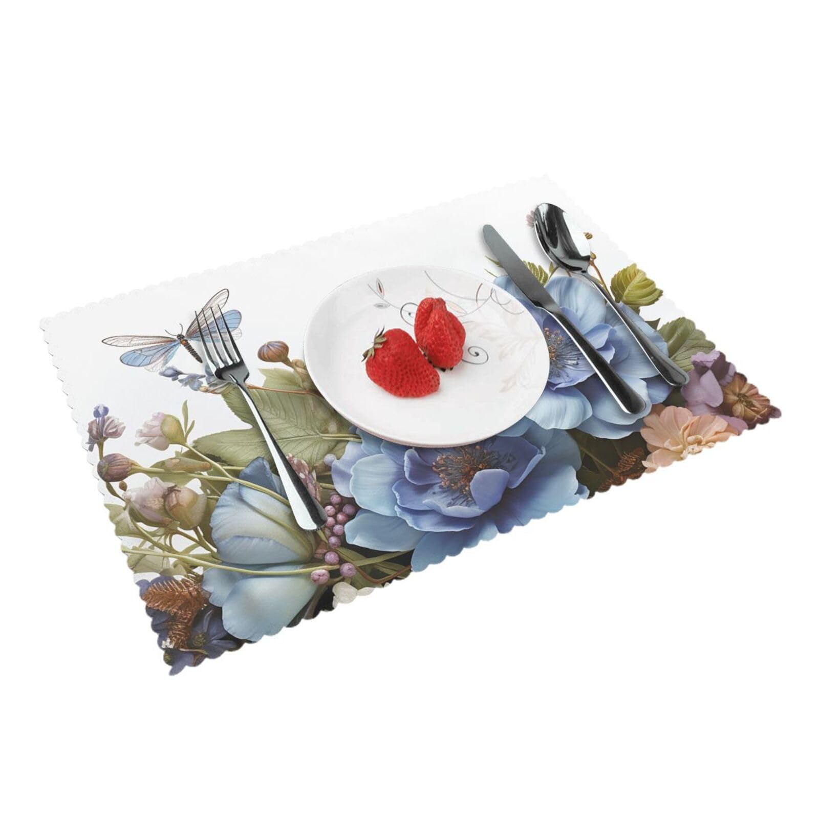 Placemats Set of 4 Heat Resistant Woven Place Mats for Dining Table Blue flowers and dragonfly Placemats Washable Wipeable PVC Table Mats Indoor/Outdoor Place Mats for Party Kitchen Decor 30x45 cm