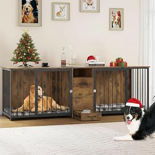YITAHOME 94.5" Large Dog Crate Furniture with Feeder Bowls, Heavy Duty Dog Kennel with Room Divider and Drawer, Wooden Dog House TV Stand Table Indoor for 2 Large/Medium Dogs, Brown - Amazon product rated Grade A