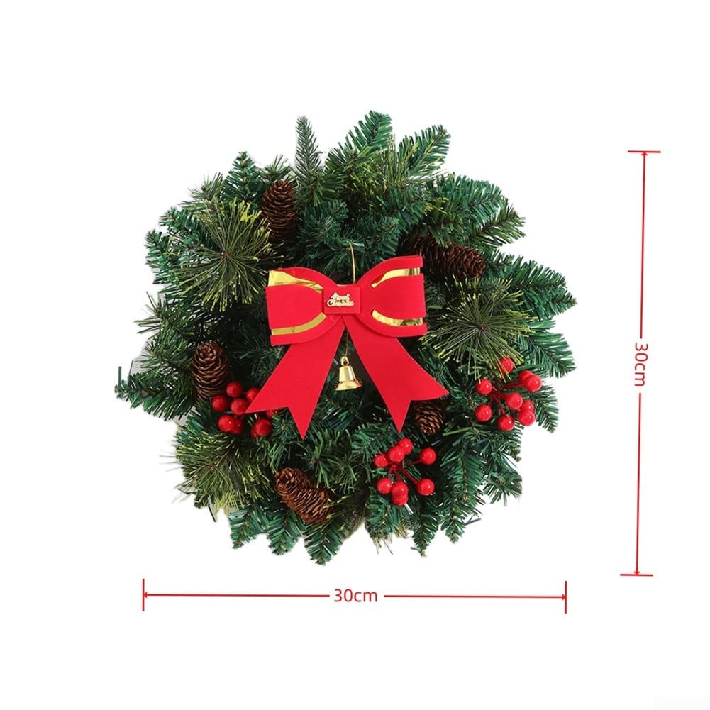 1 couronne de Noël artificielle, 30 cm ronde verte, couronne de Noël d'extérieur avec pommes de pin et baies rouges décoratives