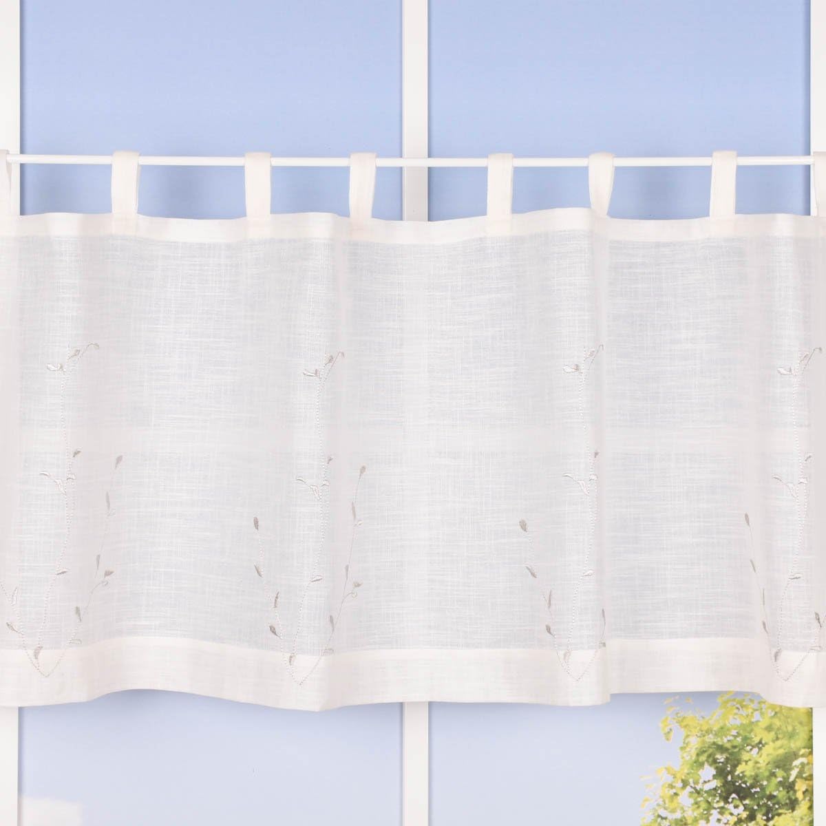 SCHÖNER LEBEN. Rideau brise-bise bio en coton bio avec broderie feuilletée - Structure en lin - Blanc laineux - Gris - 150 x 50 cm
