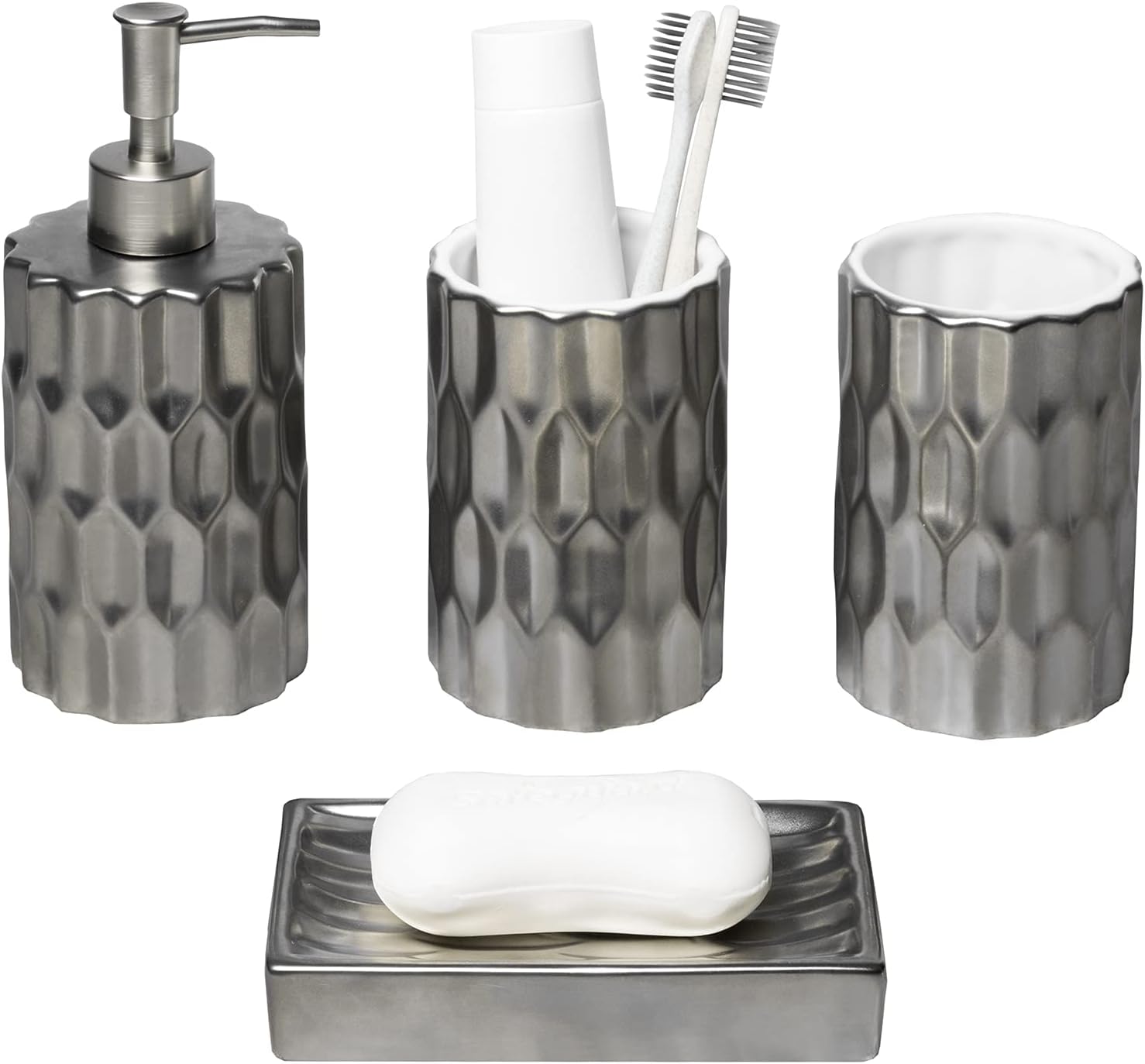 MyGift Modern Metallic Silver Ceramic Bathroom Accessory Set with Embossed Design - Soap Dish, Tumbler Cup, Toothbrush Holders and Pump Dispenser