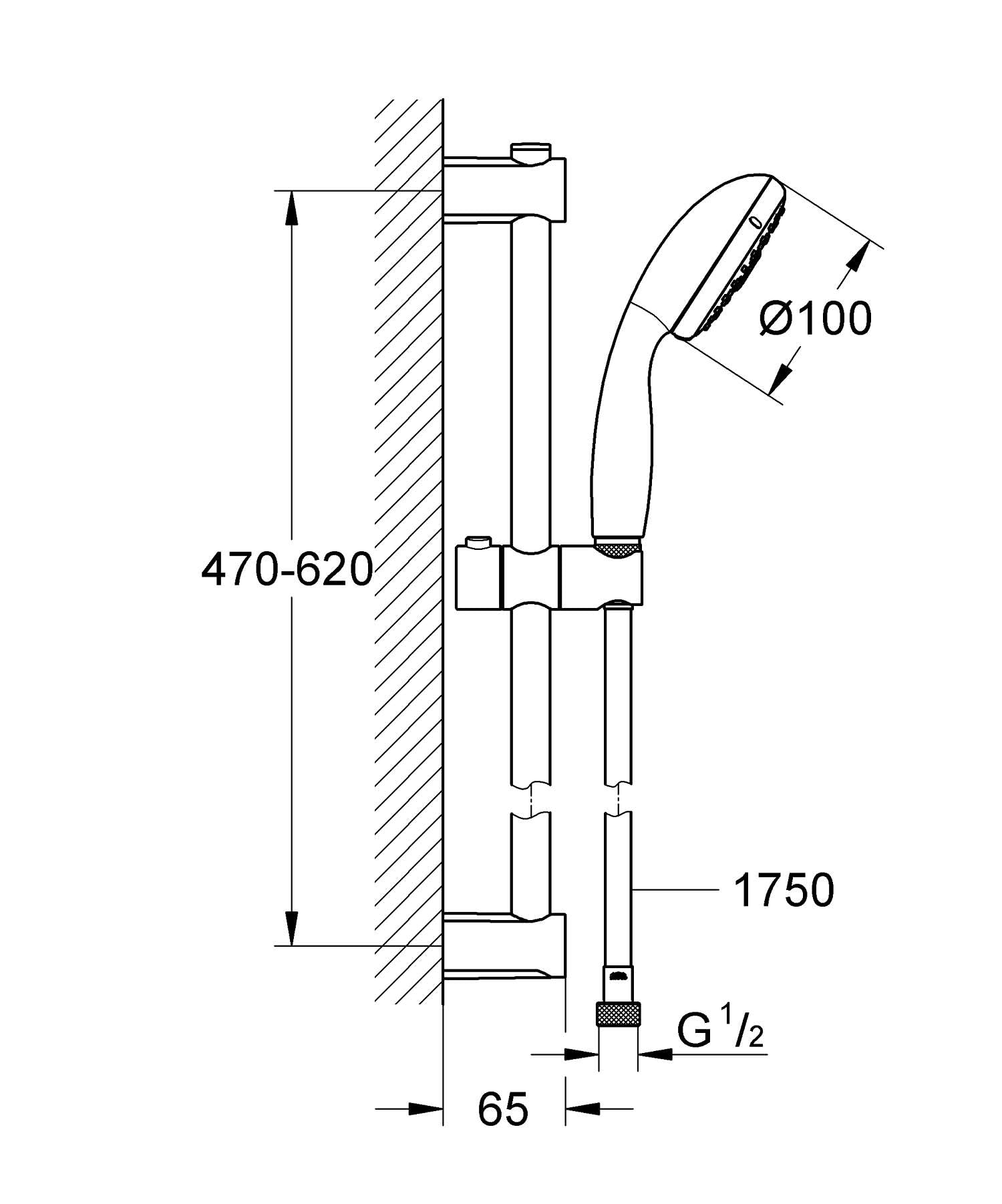 Grohe Vitalio Start 100 Set Asta Doccia a 3 Getti, Limitatore di portata 9,5 l/min, Installazione veloce, 26032000, Grigio (Cromo)