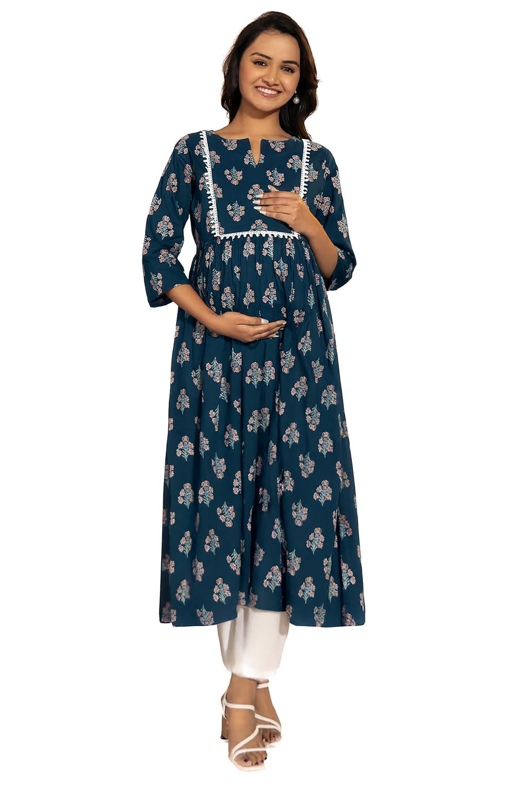 Maternity Cotton Kurta with Floral Print, Teal Blue, 3/4 Sleeves, Nursing Friendly with Zipper Access, Comfortable Pregnancy Wear-image-26