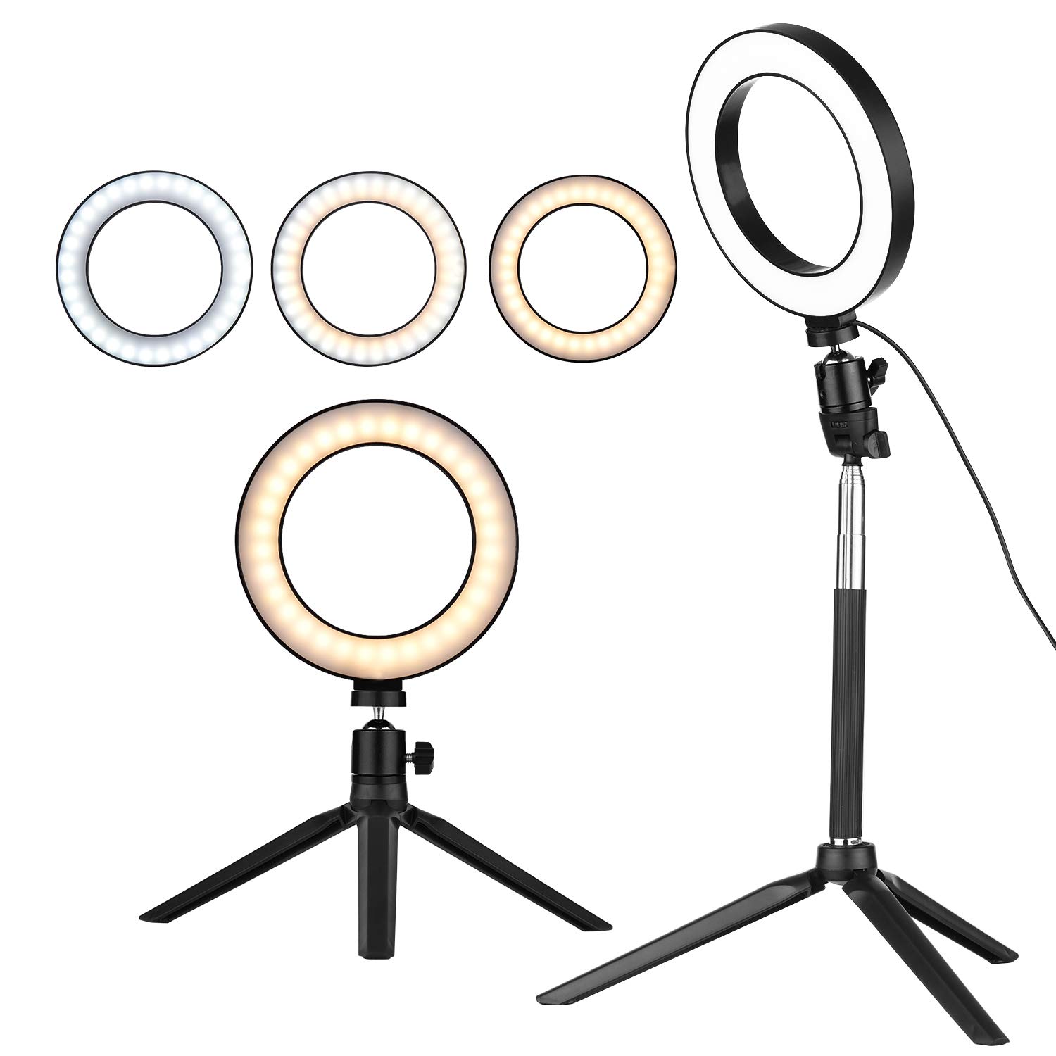 Photography Lamp, Shinedy 6 Inch Mini LED Ring Light Photography Lamp Dimmable 3 Lighting Modes USB Powered with Telescopic Stand Mini Desktop Tripod Ballhead for Selfie Photography