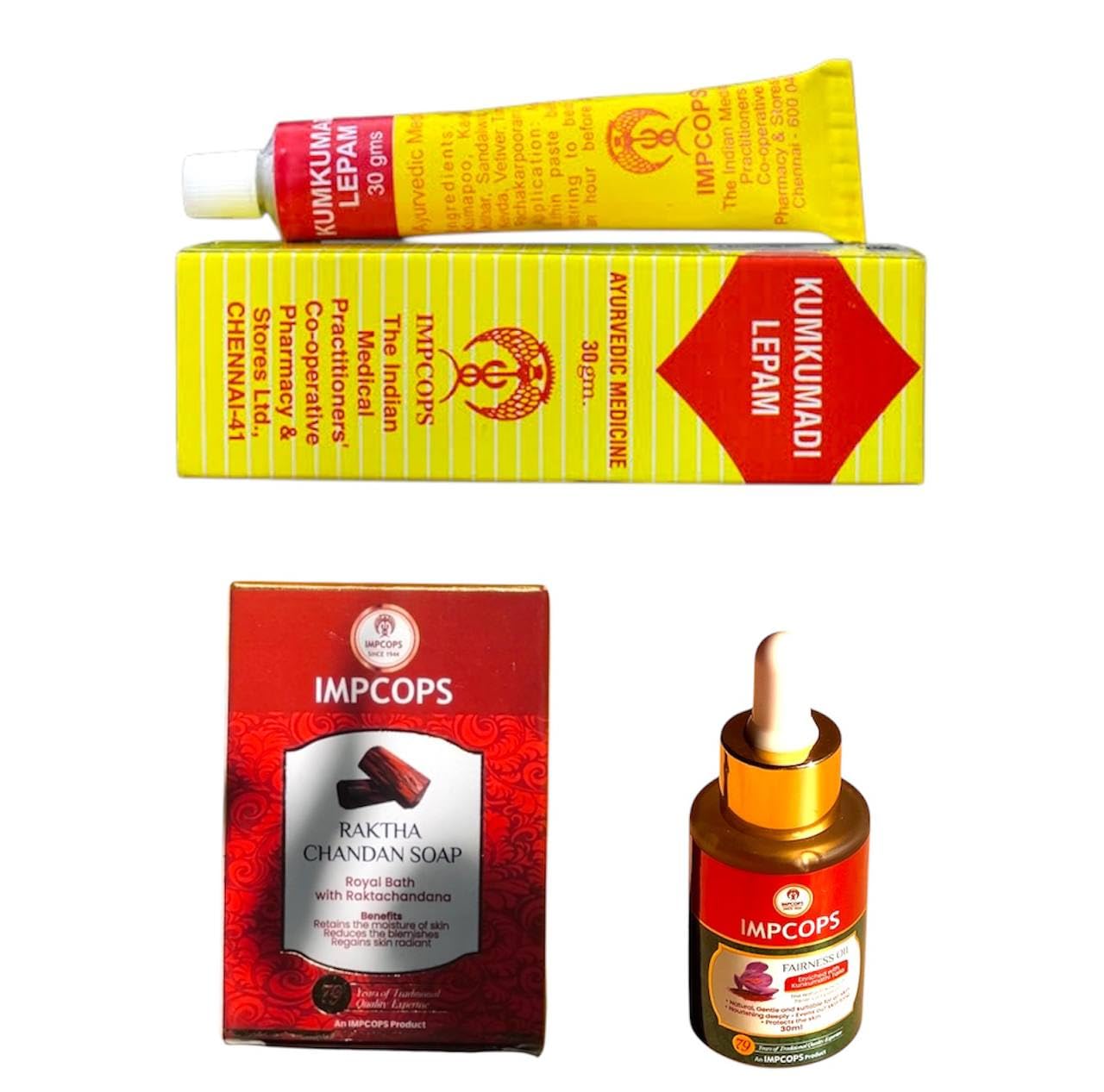 Impcops Combo Pack For Complete Ayurvedic Skin Care | Kumkumadi Lepam + Kumkumathi Tailam + Raktha Chandan Soap, Siddha, 350 Grams
