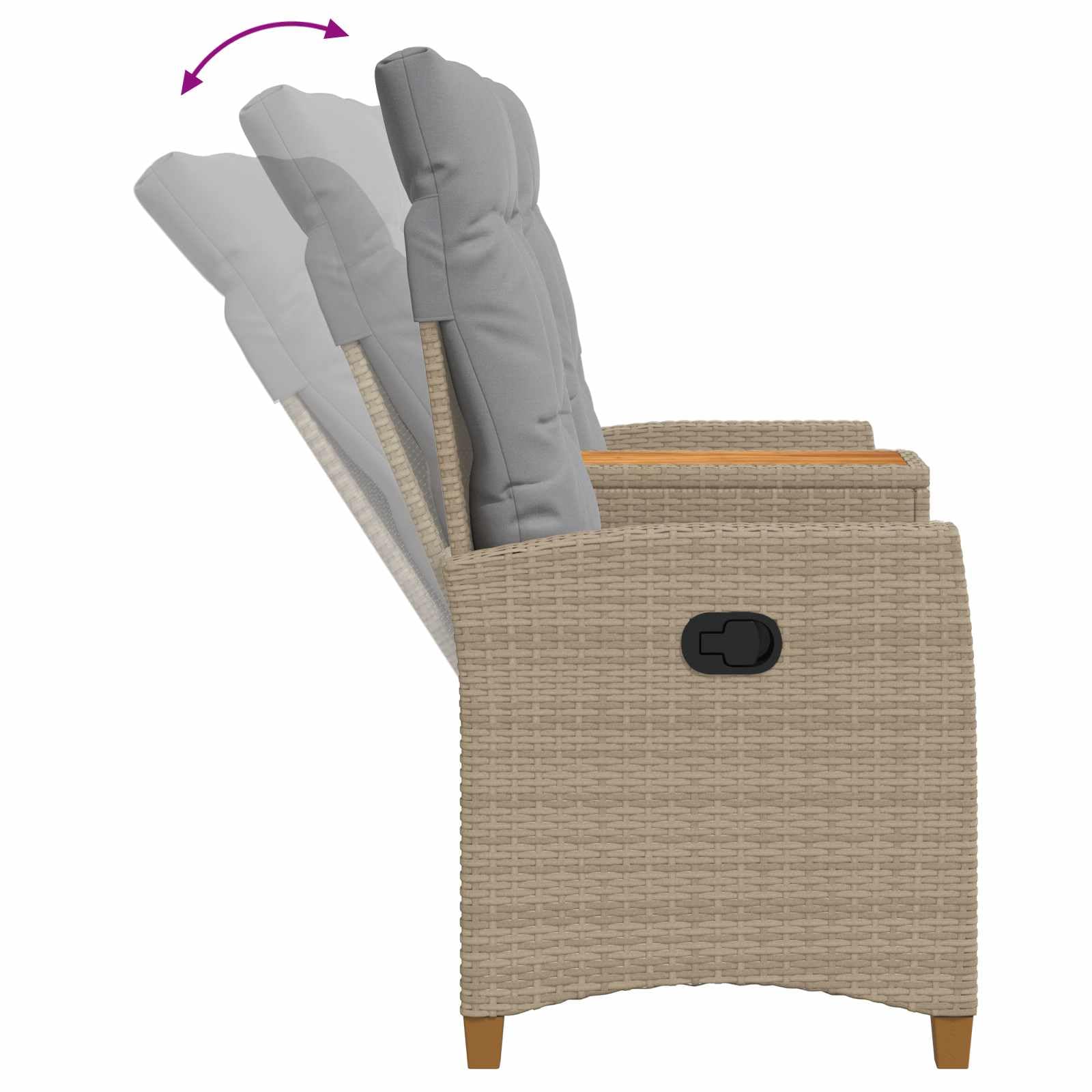 Gartenbank mit integriertem Tisch und Verstellbarer Rückenlehne, Rattanbank 2-Sitzer inklusive Sitzkissen, Polyrattan Liegebank für Garten Terrasse Balkon, Beige und Grau, 126x65x112 cm