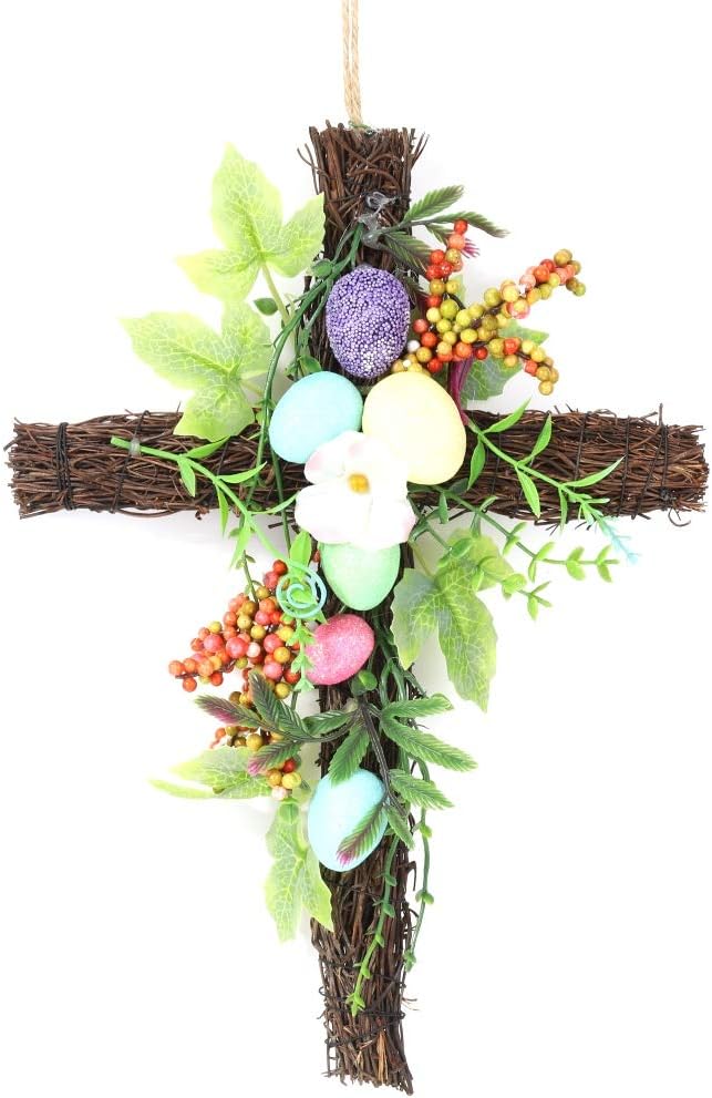 Mrinb Easter Egg Wreath,Easter Garlands Front Door Wreaths,Spring Easter Decoration with Easter Eggs and Artificial Leaves and Flowers for Front Door, Wall Decor, Party 30cm