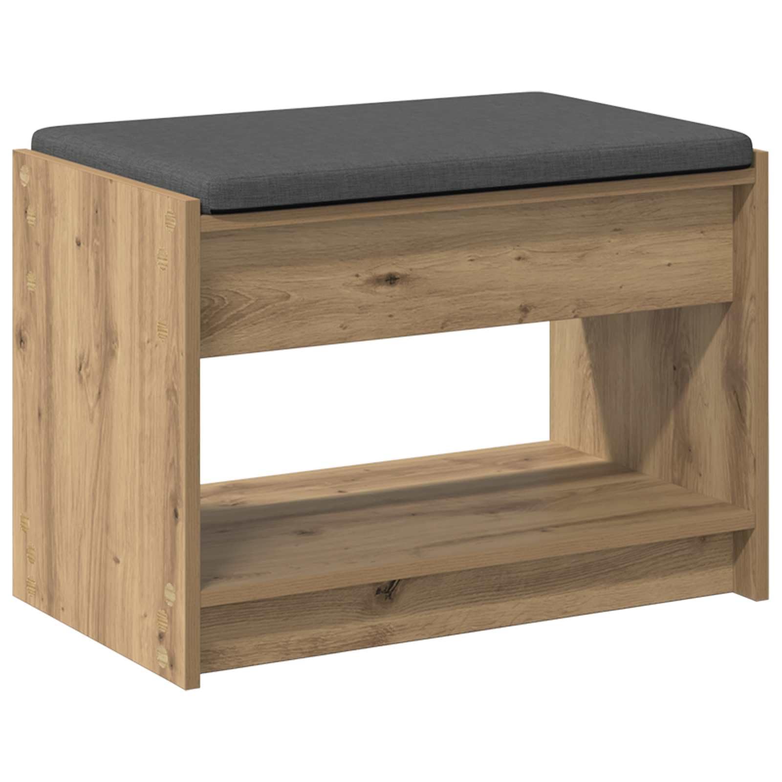 Nowoczesna ławka do korytarza, 63 x 38 x 45 cm, z poduszką i regałem z materiału drewnopochodnego, bez pleców, tapicerka materiałowa, miejsce do przechowywania butów i dekoracji