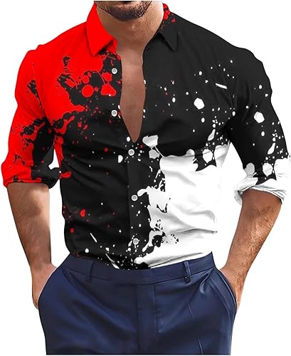 Muscularfit Camisas casuales con botones para hombre, ajustadas, manga larga, cuello con estampado de mármol, camiseta de vestir, camisetas de