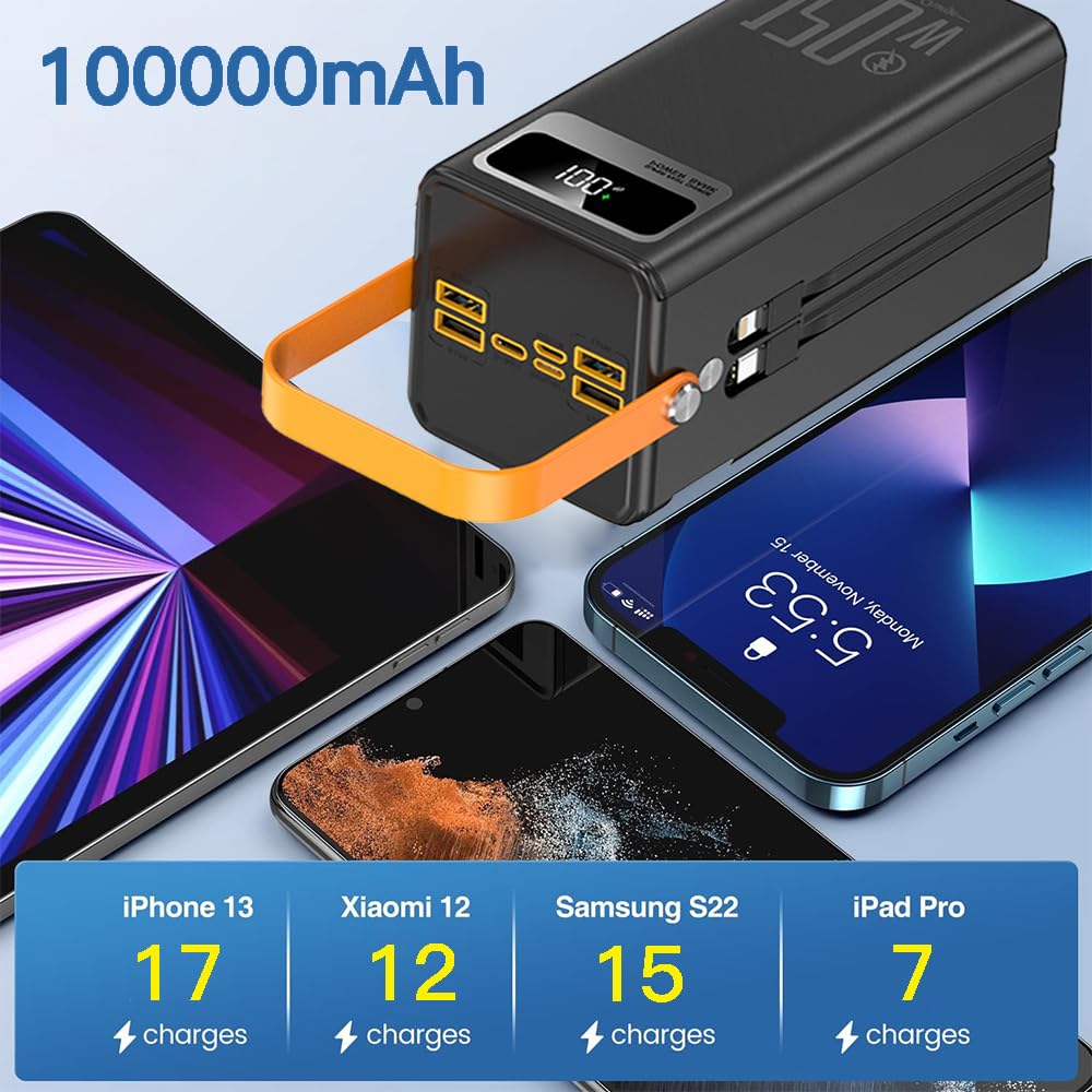 Caricabatterie Portatile 100000mAh Power Bank Ad Alta Capacità PD22.5W Carica Rapida Cavi Integrati Batteria Esterna 7 Uscite E 3 Ingressi Power Bank Per Campeggio E Viagg(Size:100000mAh,Color:Nero)