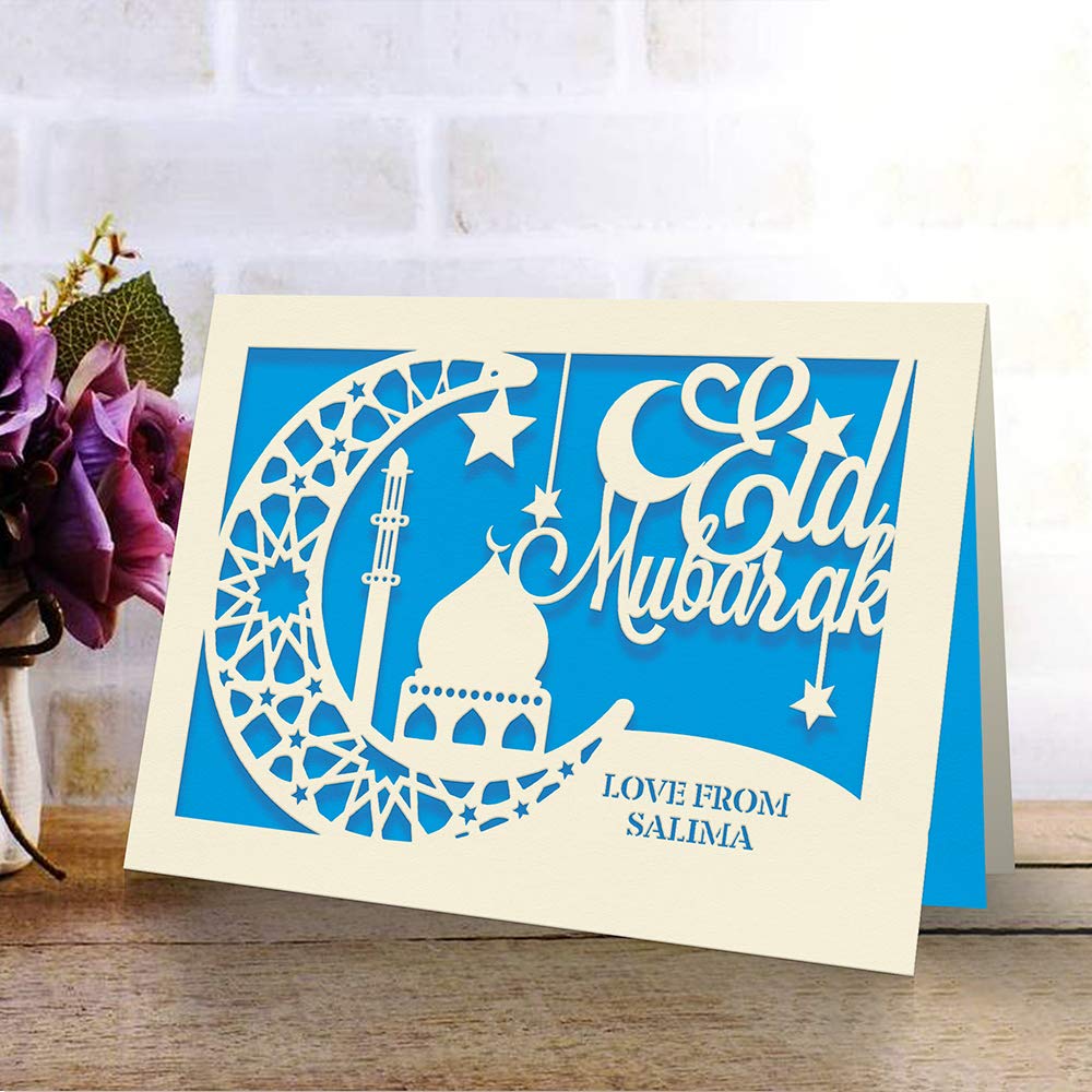 EDSG Eid Mubarak Card Personalized for Muslim Kids Islamic Gift for Ramadan Mubarak Hajj Kareem Custom Cards for Her Women Boys Daughter Mum Wife Friend with Crescent Moon (Blue)