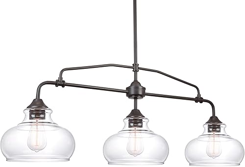 Kira Home Harlow - Lámpara industrial moderna para isla de cocina de 3 luces de 37.5 pulgadas con pantallas de vidrio transparente, altura ajustable