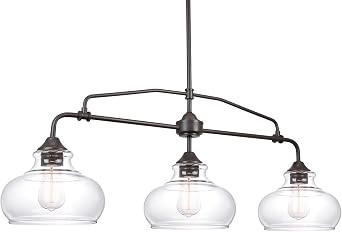 Kira Home Harlow 38" 3-Light Modern Schoolhouse Island Light with Clear Glass Shades, Industrial Farmhouse Gold Hanging Light with Schoolhouse Glass, Oil Rubbed Bronze Finish