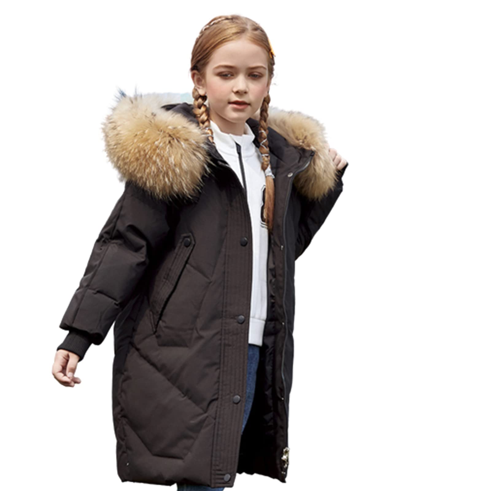 Piumino per Bambini di Media Lunghezza con Collo di Pelliccia per Ragazze Inverno Soffice Piumino D'Anatra Bianco Cappotto Addensato Abbigliamento Caldo Dolce,Black,8T(140CM)