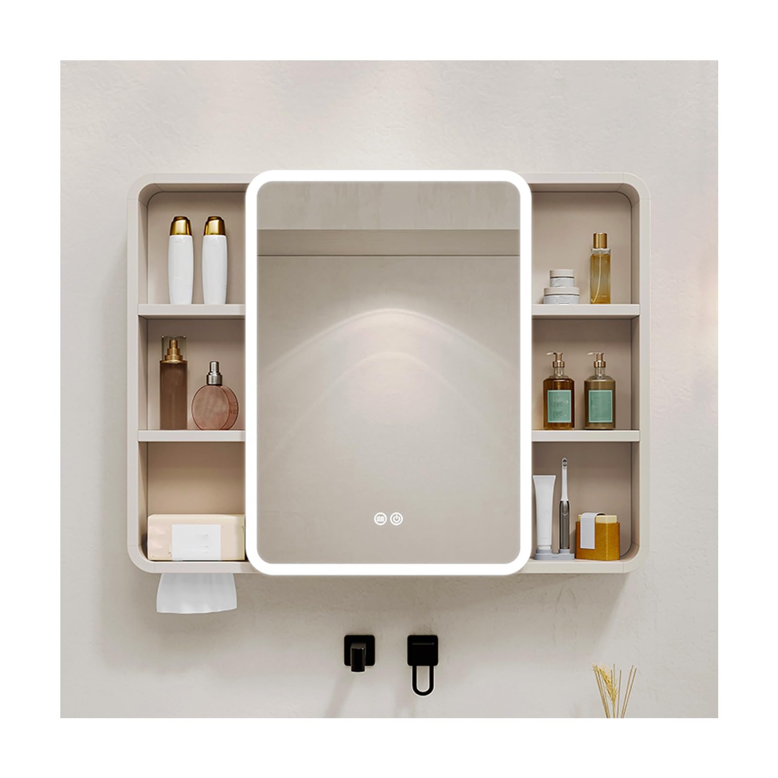 BKSXSOP Modern Bathroom Mirror Cabinet, Aluminum Beauty Storage Shelf with Rounded Corner, 90cm/35.4in, Pearl White - Stylish Corner nizer for Efficient Space Saving