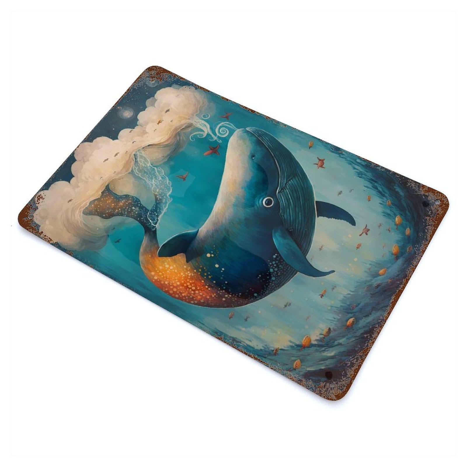 Rust Effect Whale Pretty Distressed Metal Wall Sign 11.8"x7.9", Decorative Metal Wall Art for Living Room, Hallway And Home Decor