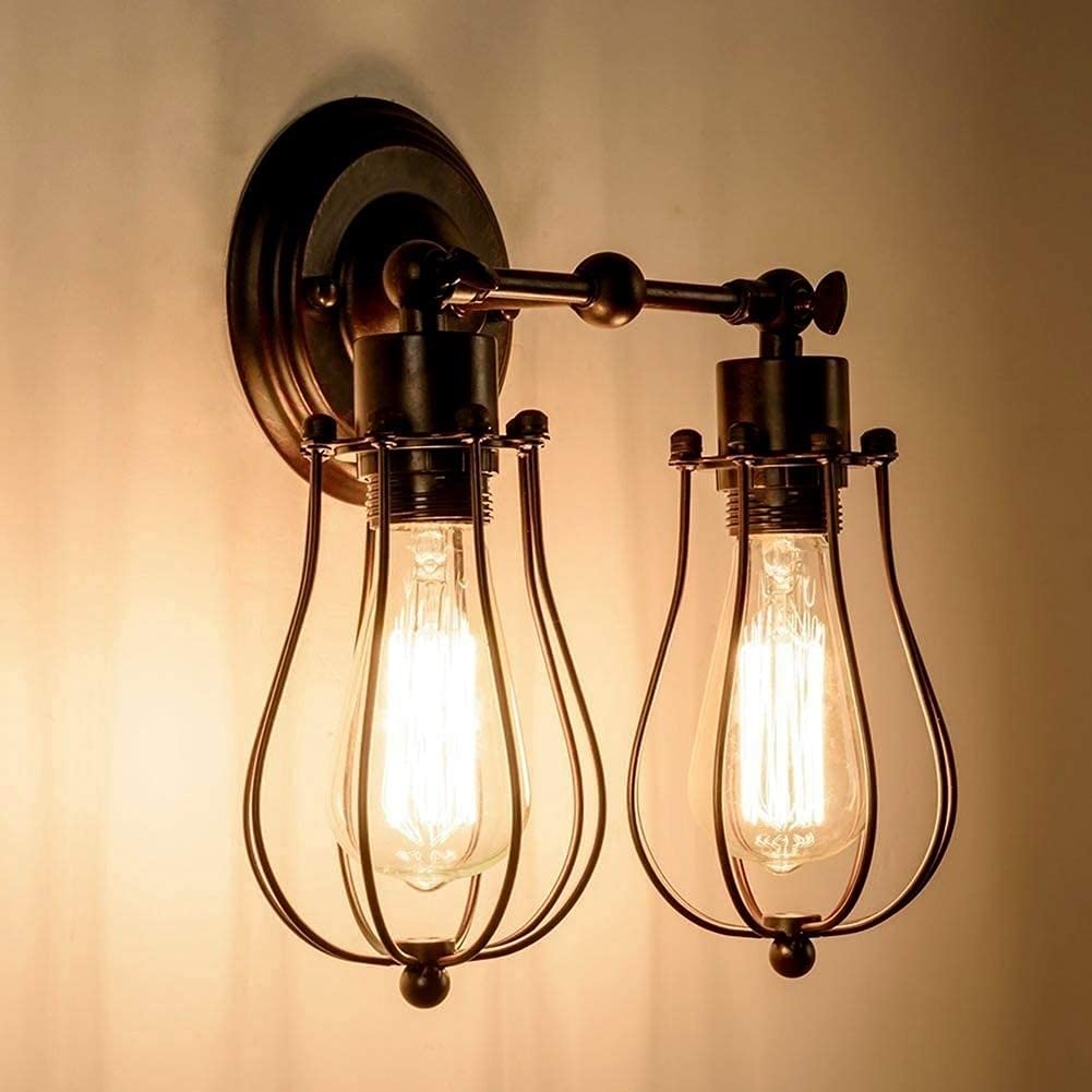 GRAWIT Matte Iron Cage Lamp Shade Double Head 1 Light Fixture Industrial Mid Century Retro Iron Wall Lights Loft Wall Lamp For Indoor Lighting Barn Restaurant E27 AC100-240V beautiful scenery
