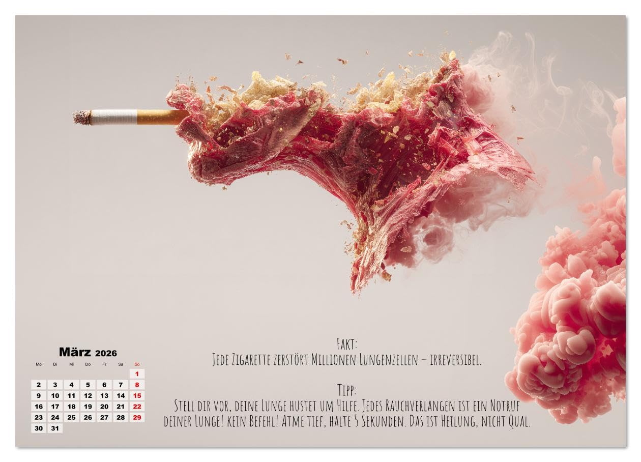 Nichtraucher Kalender - Rauchfrei werden mit Fakten und Tipps für Raucher (hochwertiger Premium Wandkalender 2026 DIN A2 quer), Kunstdruck in ... endlich Rauchfrei. (CALVENDO Gesundheit)