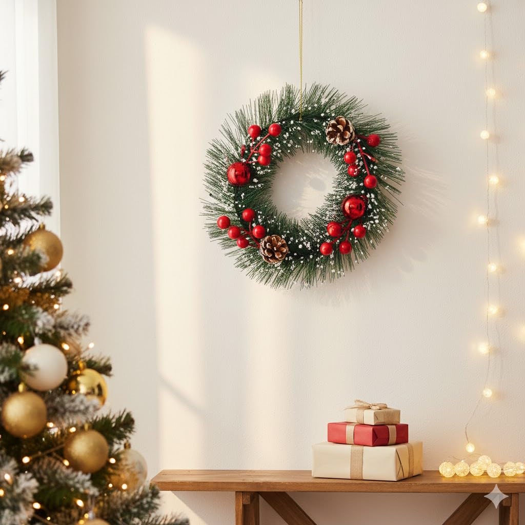 Buy eCraftIndia Green Merry Christmas Wreath with Red Berries