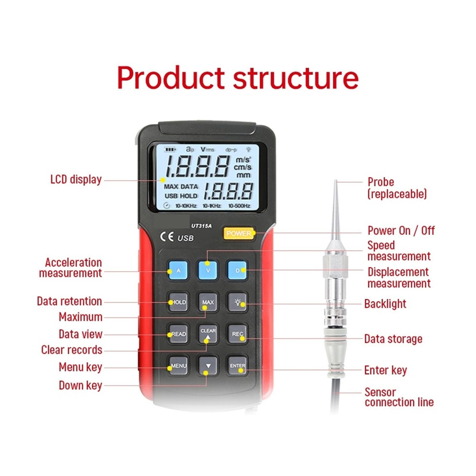 Vibrationsmesser, UT315A Digitales Handheld-Industrie-Vibrationsmessgerät Gerätesonde Vibrationsanalysator Präzisionsmaß Vibratortester