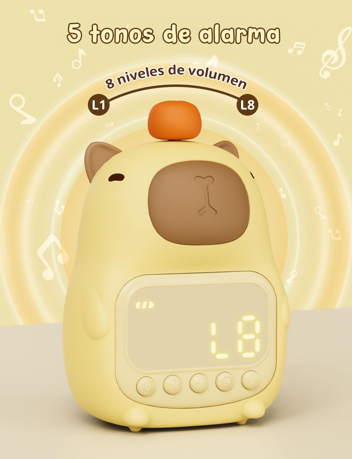 YISSVIC Despertador Infantil Reloj Despertador Digital 2 Alarmas Brillo Ajustables 8 Volumenes 5 Músicas, Función de Repetición Luces Nocturnas Recargable de 1800mAh para Infantil Adulto- Capibara