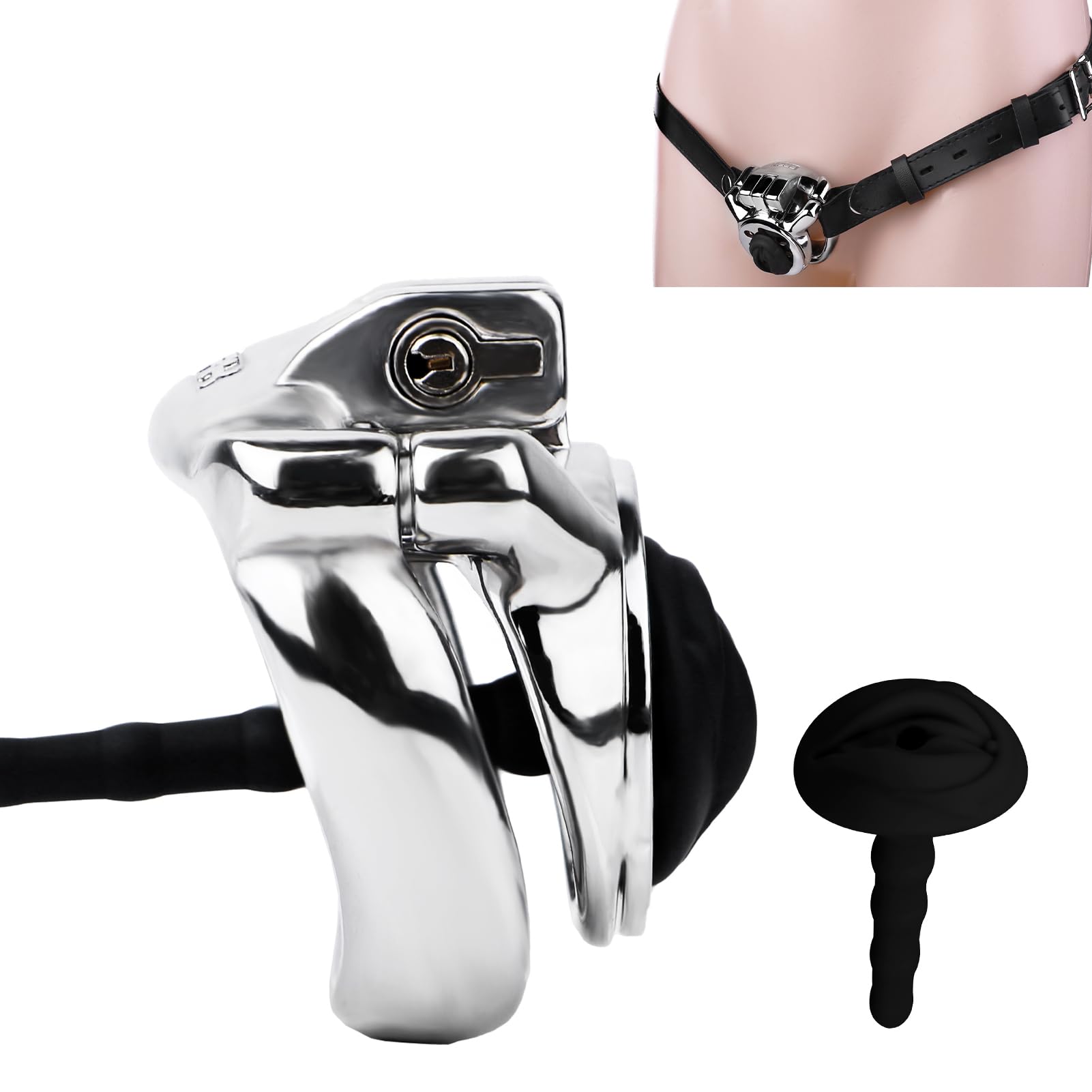Male Chastity Cage Large Devices with Leather Belt and Urethral Catheter Flat Cock Cage Sex Toy with Invisible Lock and Key for Men Penis BDSM Bondage (Black,40mm)