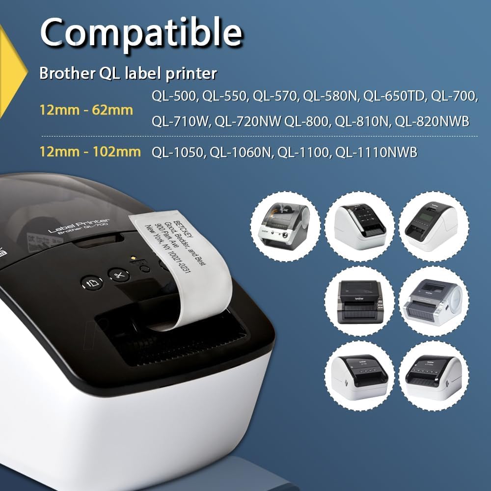 BETCKEY - 10 Rouleaux DK-11201 Étiquettes d'Adresse Compatible avec Brother, 29mm x 90mm, 4000 Étiquettes pour Imprimantes d'Étiquettes QL Brother (2 Fixateurs Réutilisables)