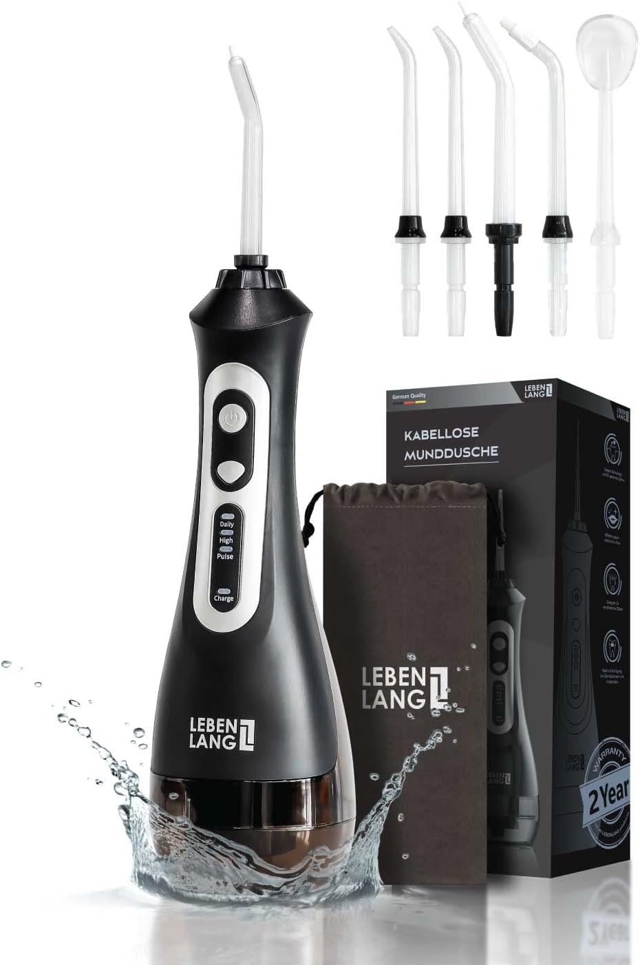 LEBENLANG Irrigador dental inalámbrico con bolsa de viaje | limpiador interdental para aletas | irrigador dental para limpieza de los espacios interdentales | Irrigador dental de viaje