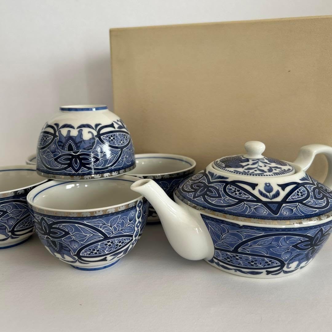 常滑焼 義叟作 伯宝彫り 七福神 急須 湯呑7点セット 茶器 煎茶道具